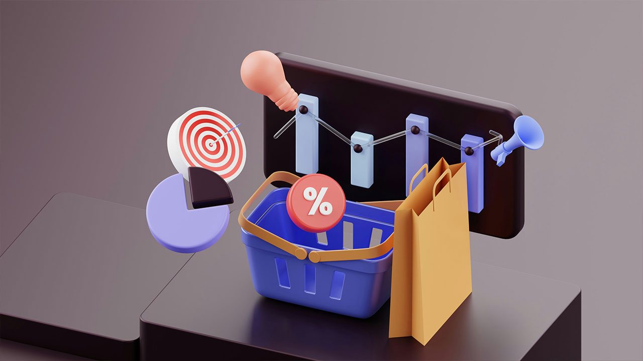 Illustration of an online shopping basket, tags and product listings