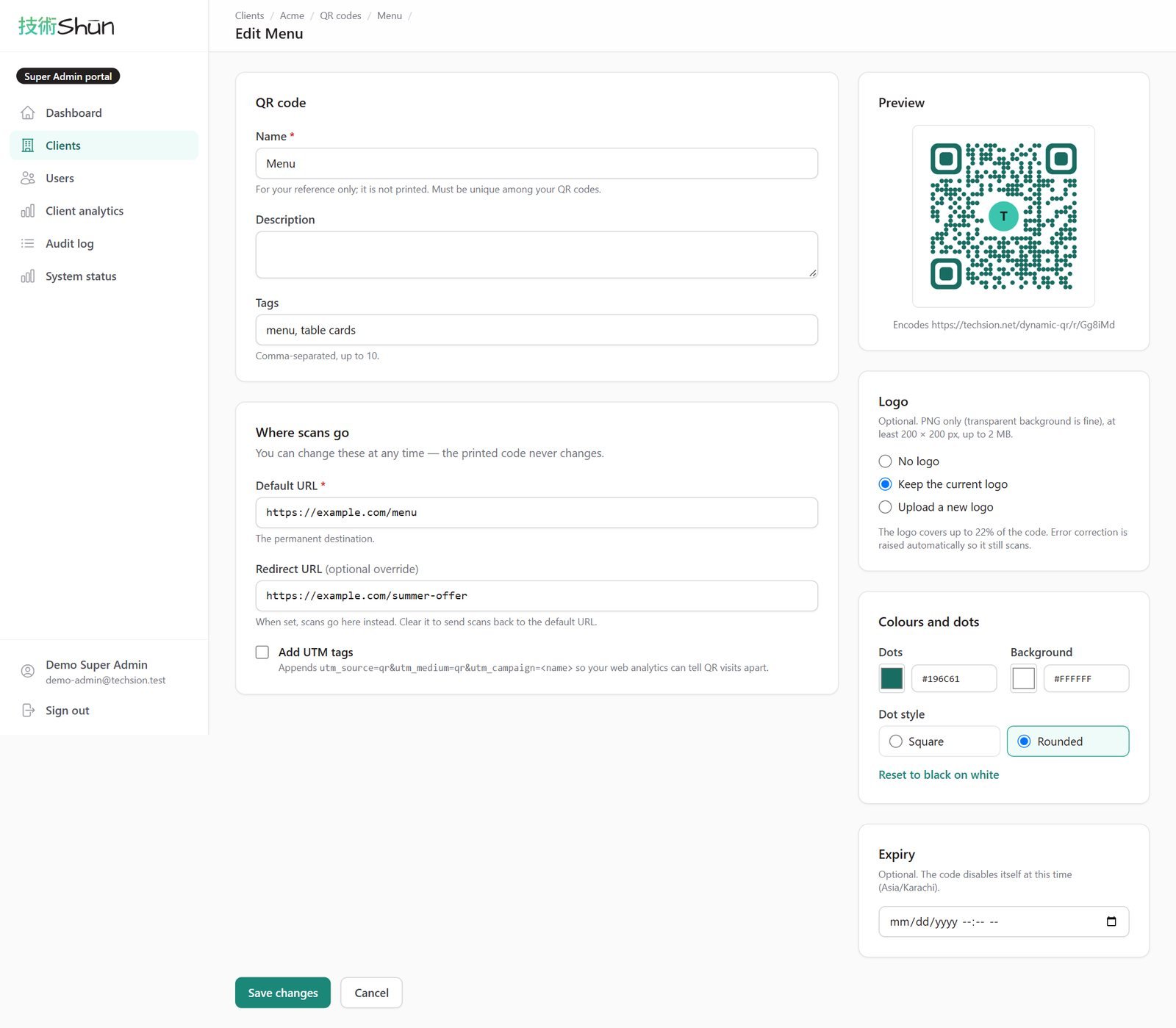 Dynamic QR design screen with logo, colour and dot style options and a live preview Dynamic QR design screen with logo, colour and dot style options and a live preview