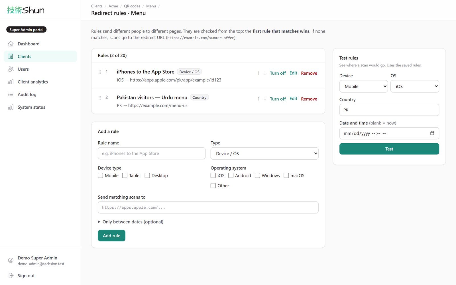 Dynamic QR redirect rules with a rule tester Dynamic QR redirect rules with a rule tester